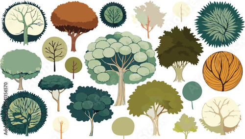 Vector art of a collection of stylized trees, isolated on transparent background, showcasing diverse shapes and autumnal colors
