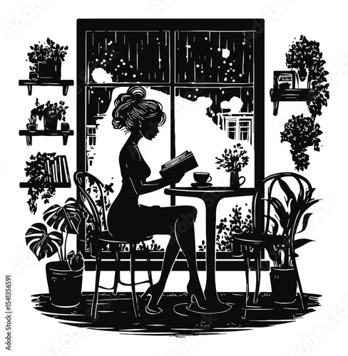 Woman Reading in a Cozy Cafe with Plants and Rainy Window View
