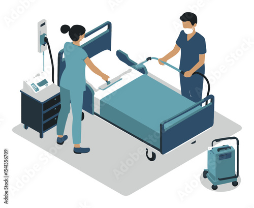 Medical Staff Cleaning Hospital Bed in Healthcare Environment Vector