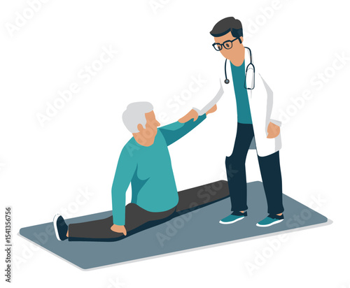 Caring Physician Assisting Elderly Patient with Physical Exercise