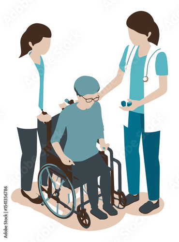 Caregiving Scene with Elderly Person in Wheelchair and Healthcare Workers