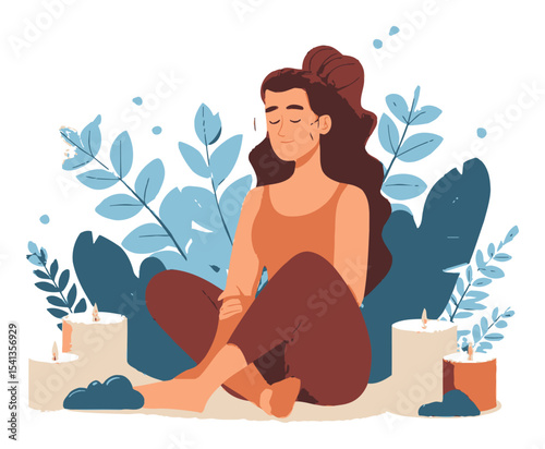 Peaceful Woman Meditating in Nature with Candles and Plants