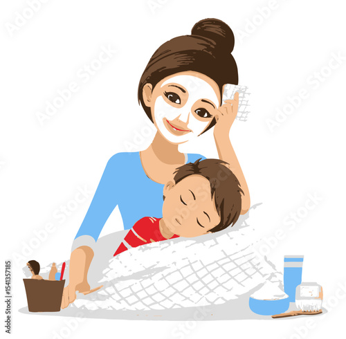 Relaxing Mom with Face Mask Caring for Sleeping Child in Cozy Environment