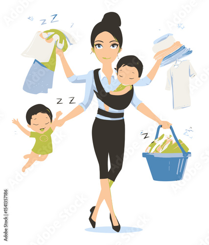 Busy Mom Balancing Housework and Children in Fun Cartoon Style