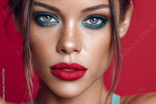 Striking makeup look featuring vibrant colors and a focus on eyes and lips, all set against a bold backdrop. Intense color contrast.