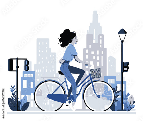 Stylish Woman Riding Bicycle in Urban Landscape with Modern City Backdrop