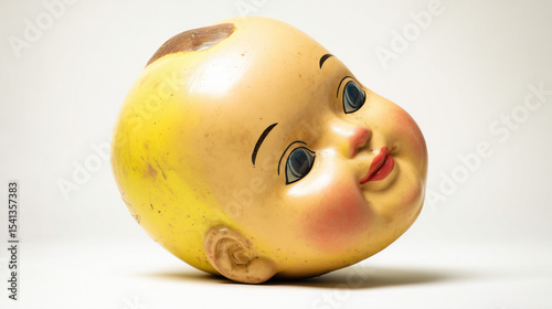 Vintage toy doll head with painted features, set against a neutral backdrop, evoking nostalgia and childhood memories.