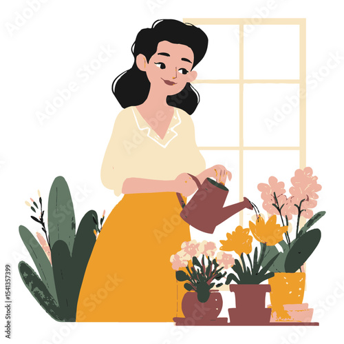 Woman Watering Flowers in a Bright and Cheerful Indoor Garden Scene