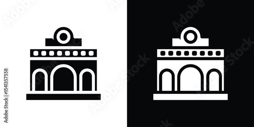 Train station building icon in flat black solid vector set