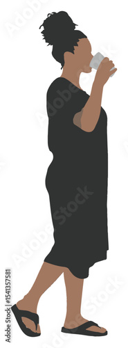 Stylish Cartoon Illustration of a Woman Drinking from a Cup