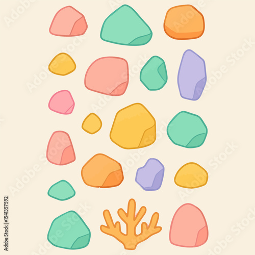 Pastel River Stones: An illustration of pastel-colored stones is artfully arranged with an accent of coral, evoking a playful, calming aesthetic.