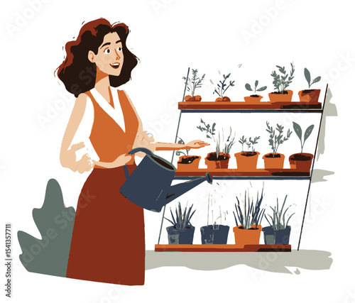 Cheerful Woman Watering Plants in a Colorful Home Garden Setting