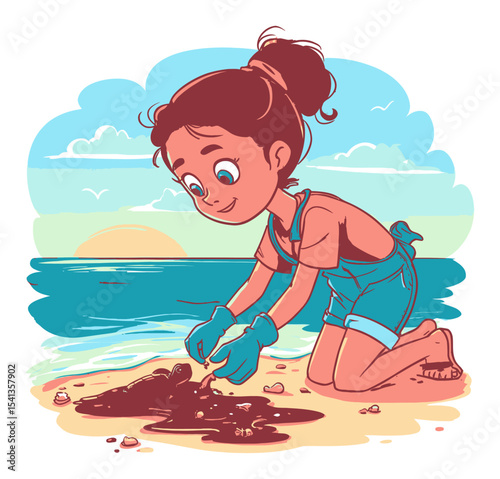 Girl Cleaning Oil Spill on Beach with Enthusiasm and Care for Environment