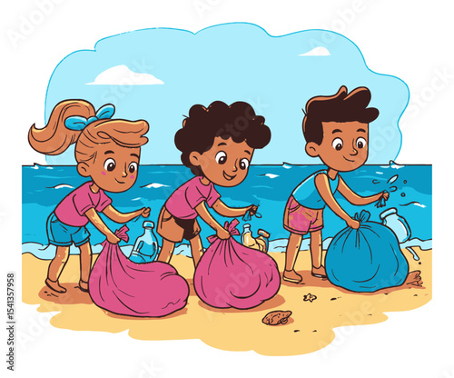 Children Cleaning Up Trash on Beach Cartoon Illustration for Eco Awareness