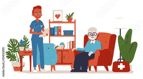 Friendly Caregiver Assisting Senior Male in Comfortable Living Room Setting