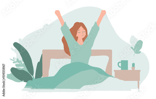 Woman Stretching in Bed with Morning Light and Indoor Plants Illustration