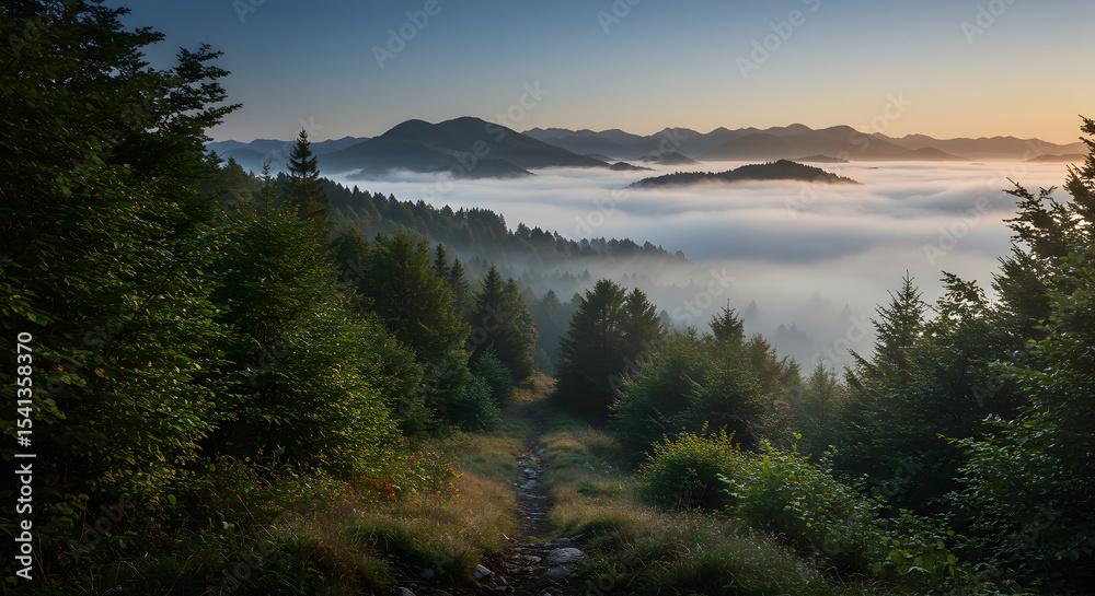 Obraz premium Scenic mountain landscape with path, trees, and fog at sunrise or sunset