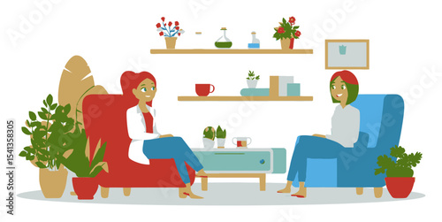 Two Women Relaxing in a Cozy Living Room Surrounded by Indoor Plants
