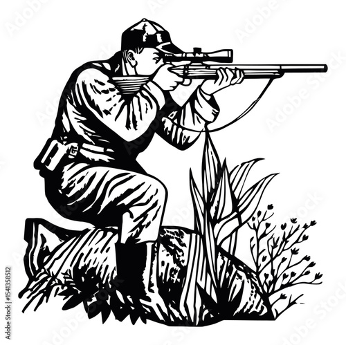 Detailed Hand-Drawn Illustration of a Hunter with Rifle in Nature Scene