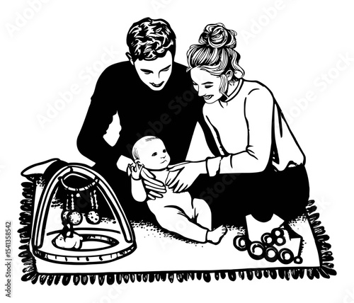 Loving Family Moments Captured in Black and White Artistic Illustration