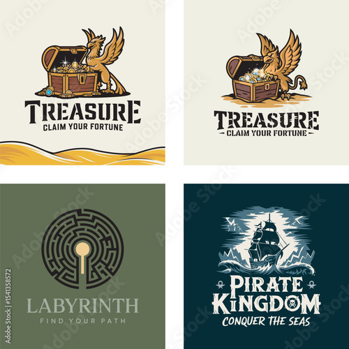 Collection of vintage style logos featuring a treasure chest, labyrinth, and a pirate ship representing adventure