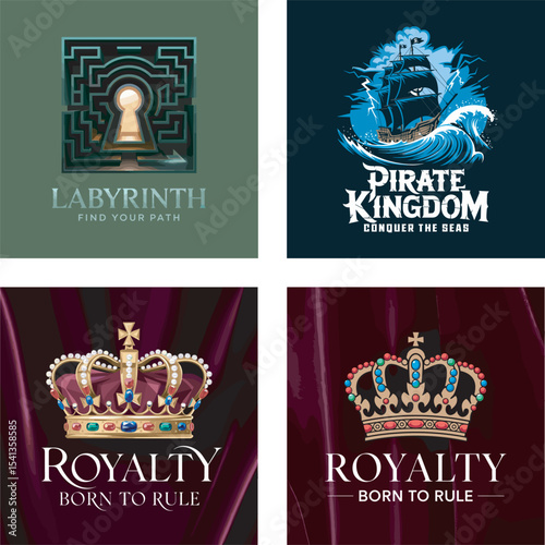 Collection of four distinct vector illustrations depicting themes of adventure, royalty, and complex journeys suitable for design projects.