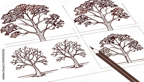 Vector art of a sequence of stylized brown tree sketches, isolated on transparent background, progressing from full foliage to bare branches