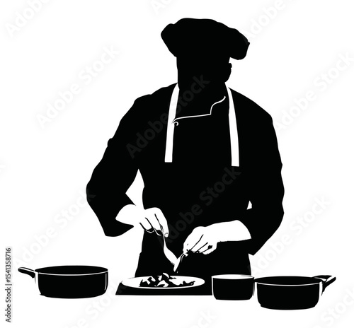 Abstract Silhouette of Chef Preparing Food with Cooking Utensils