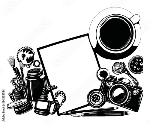 Elegant Abstract Composition with Drawing Tools and Coffee on Blank Page
