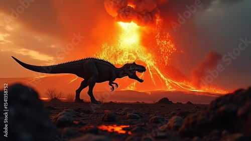 Tyrannosaurus near erupting volcano during sunset scene
