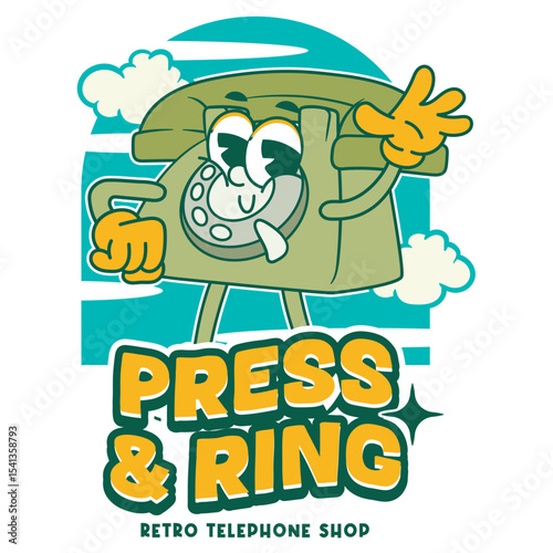 Vector Illustration of Landline Telephone Mascot with Retro Cartoon Mascot Available for Logo Badge