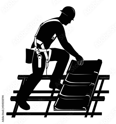 Abstract Illustration of a Worker Climbing a Rooftop Ladder in Silhouette