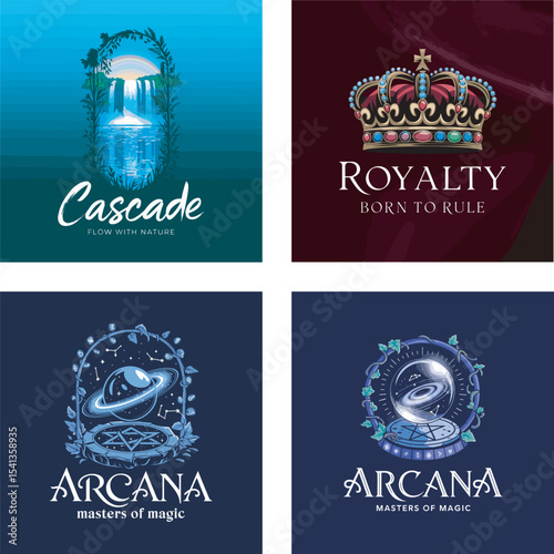 Four unique logo designs featuring cascade royalty arcana themes and their corresponding styles and themes for various designs