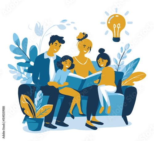Family Bonding Time in a Cozy Living Room with Reading and Ideas