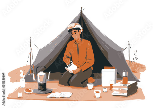 Cartoon Style Camping Scene with Person Preparing Food Outside Tent
