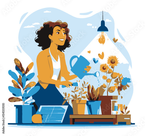Cheerful Woman Watering Plants in a Bright Indoor Garden Scene