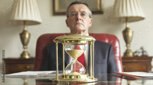 Suited Man Closely Observing Hourglass on Desk in Elegant Office