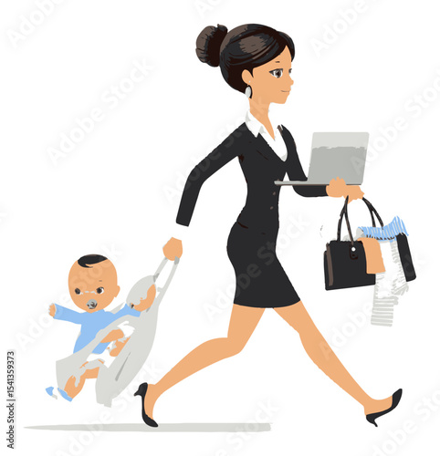 Busy Businesswoman with Laptop and Baby in Cartoon Vector Style Illustration