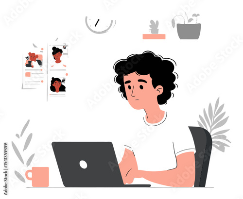Young Person Working on Laptop in Bright and Minimalist Office Space