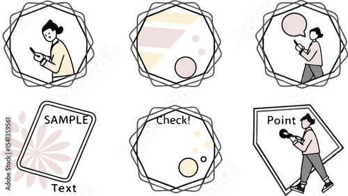 Vector art of a collection of pastelcolored vector graphics, isolated on transparent background, featuring stylized figures using mobile devices and sample text frames