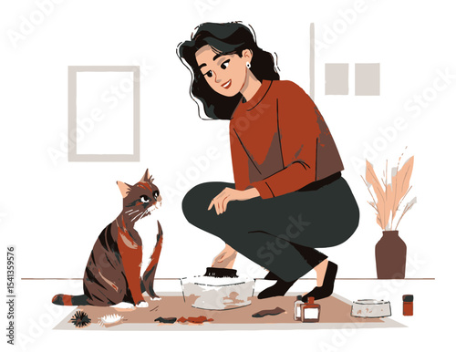 Cartoon Woman Cleaning with Cat in Cozy Home Environment