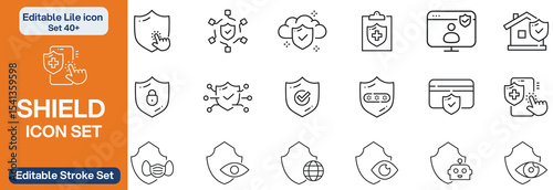 Big set of shield line icons. Protection, security, defensive, guard etc. Editable stroke