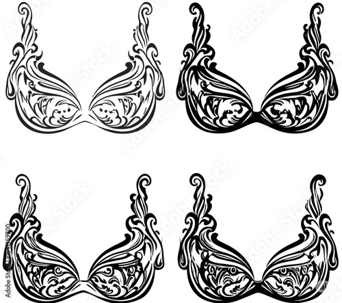 Four ornate bra designs in black and white with floral and swirling patterns on a white background