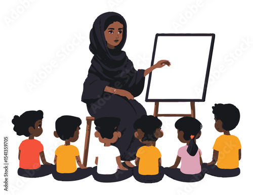 Teacher Engaging Children in Classroom Setting with Blank Presentation Board