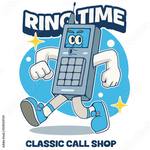 Vector Illustration of Classic Handphone Mascot with Retro Cartoon Mascot Available for Logo Badge