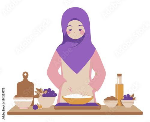 Woman in Hijab Preparing Food with Fresh Ingredients and Kitchen Utensils