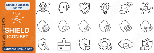 Big set of shield line icons. Protection, security, defensive, guard etc. Editable stroke