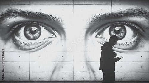 Silhouette of Person on Cellphone Under Large Eye Mural in Monochrome Shade