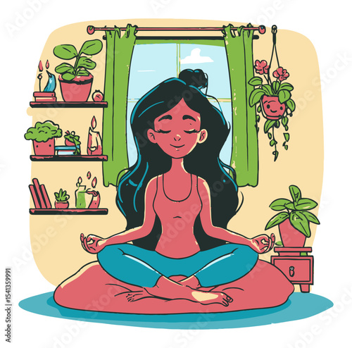 Serene Woman Meditating in Cozy Indoor Space with Plants and Window View