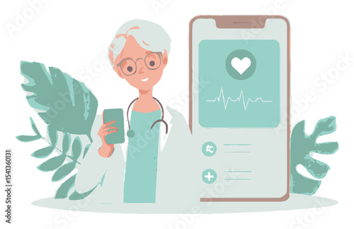 Doctor with Smartphone and Health App Illustration for Medical Industry